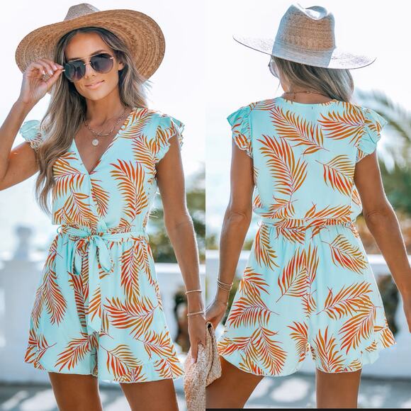 Cupshe Teal Orange Tropical Flutter Sleeve Romper Large New - Picture 1 of 14